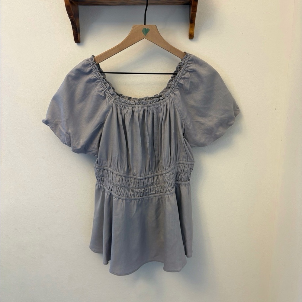 Torrid Linen Blend Puff Sleeve Shirred Bodice Blouse Lavender Grey Size 0 - Picture 2 of 8